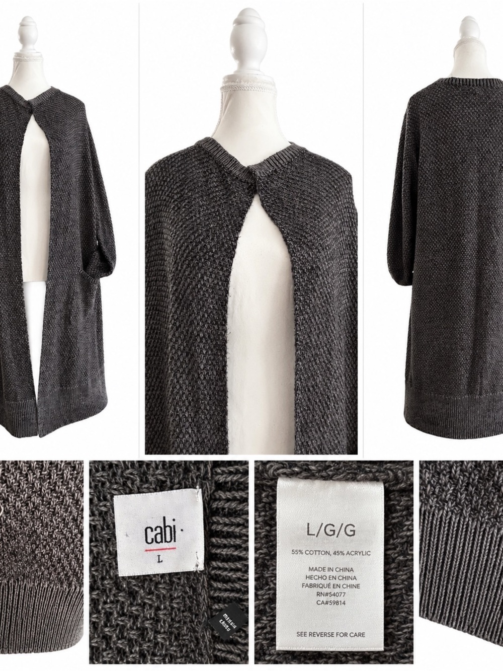 Cabi Charcoal Knit Open-Front Cardigan